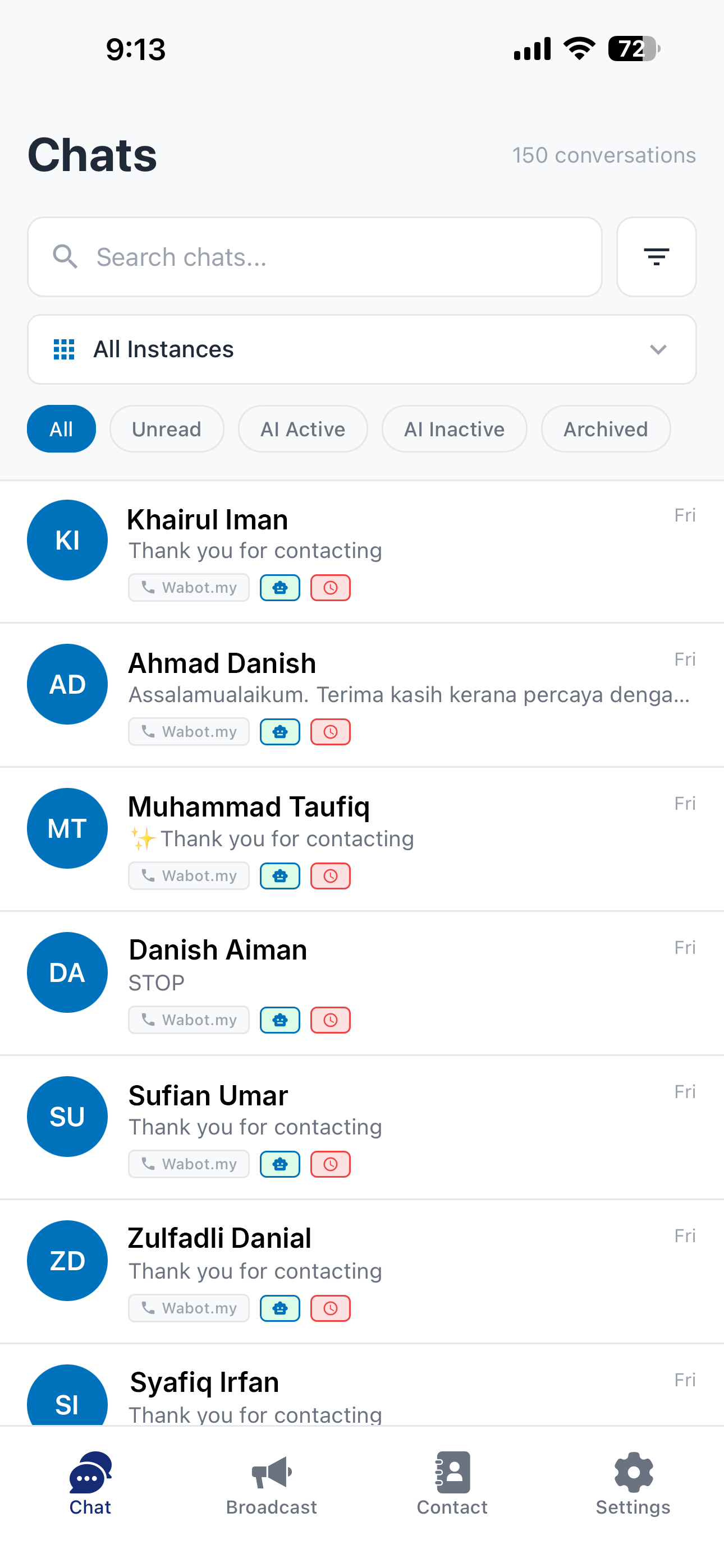 Wabot mobile app, chats screen