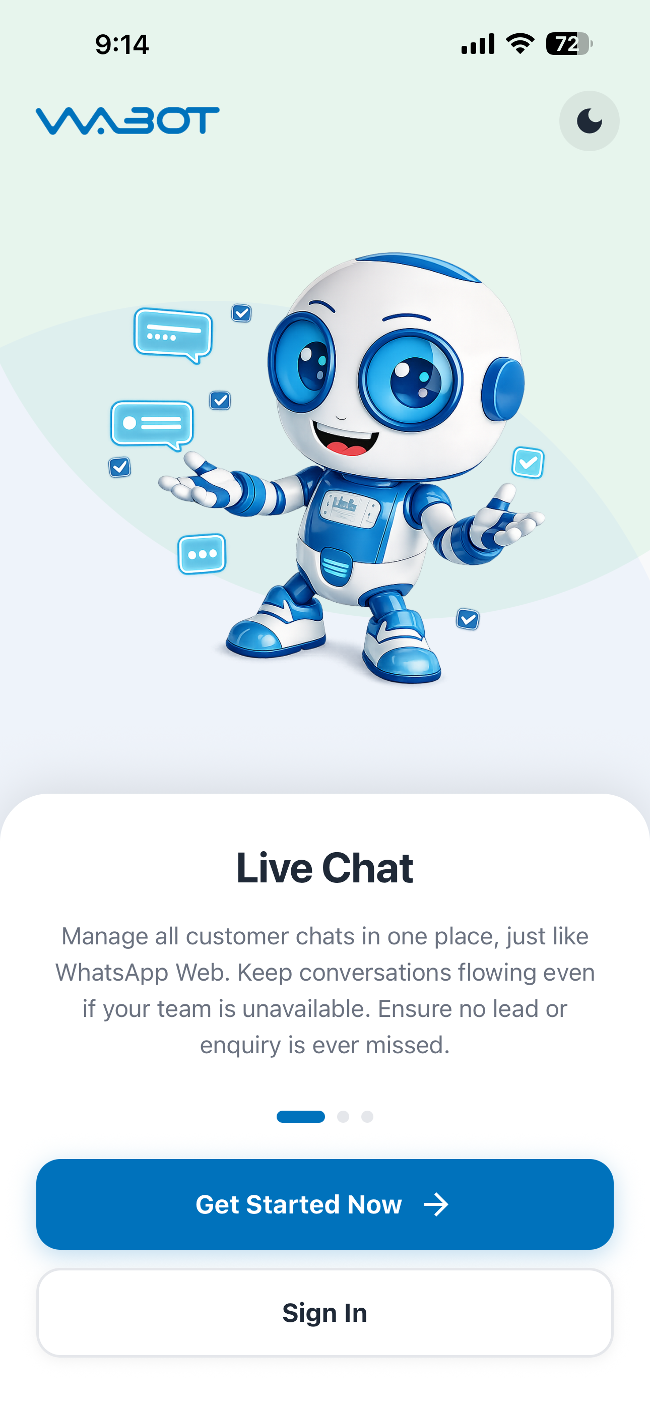 Wabot mobile app, welcome screen